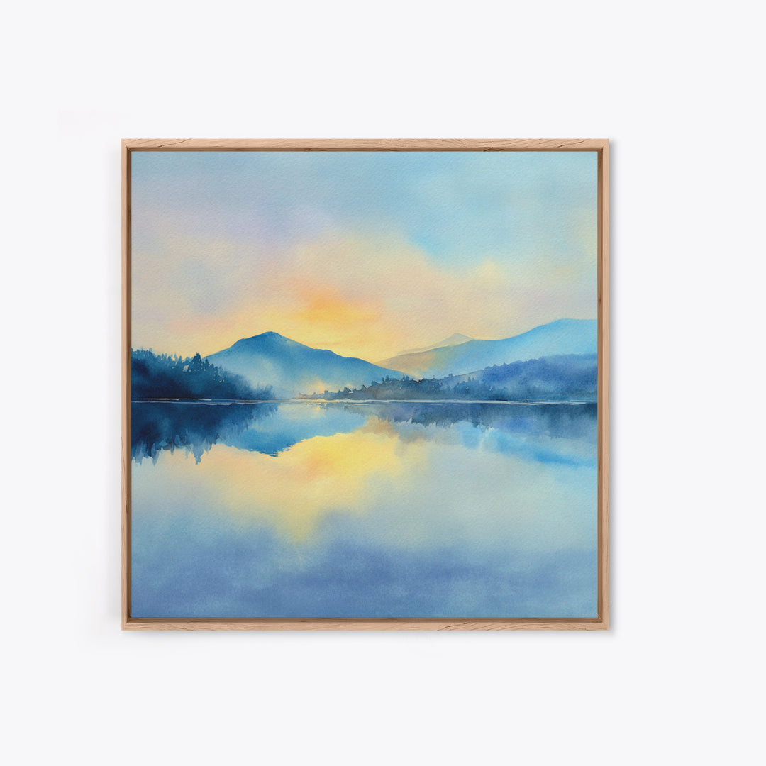 Soft Watercolor Mountain Lake Sunrise Wall Art, Calming Landscape Canvas Print, Serene Bedroom And Living Room Decor