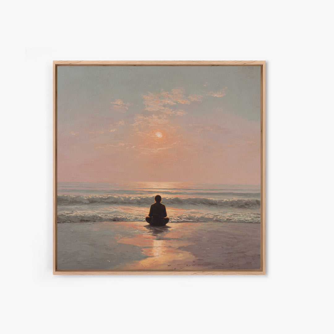 Sunset Beach Meditation Figure Wall Art, Serene Mindfulness Canvas Print, Calming Coastal Zen Bedroom Decor