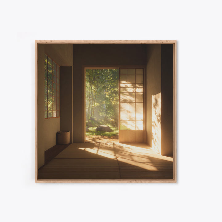 Minimal Japandi Zen Room With Garden View Wall Art, Serene Japanese Interior Framed Canvas Print