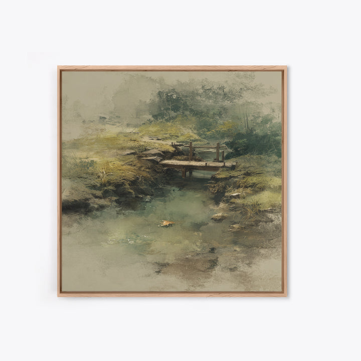 Misty Creek With Wooden Footbridge Watercolor Landscape Wall Art, Soft Nature Painting Print, Calming Home Decor Bedroom Art