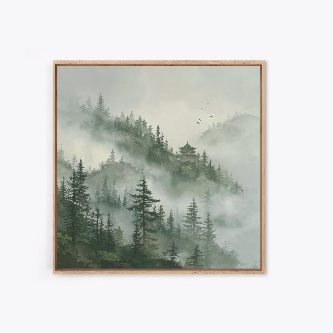 Misty Pine Forest With Distant Temple Painting Wall Art, Tranquil Mountain Landscape Print, Zen Japandi Nature Decor