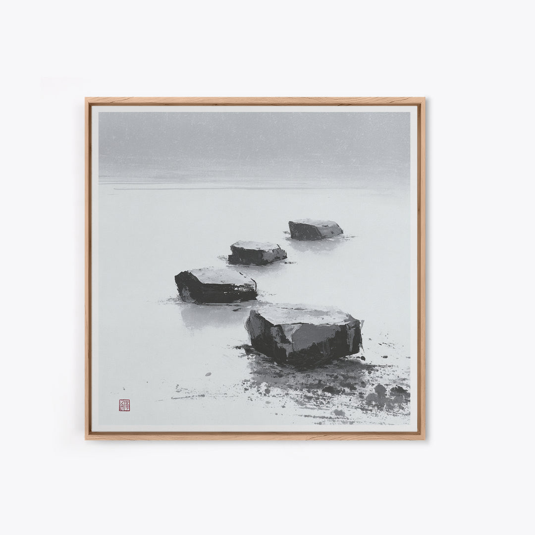 Minimal Zen Stepping Stones Wall Art, Black And White Japanese Canvas Print, Calming Wabi Sabi Decor For Home