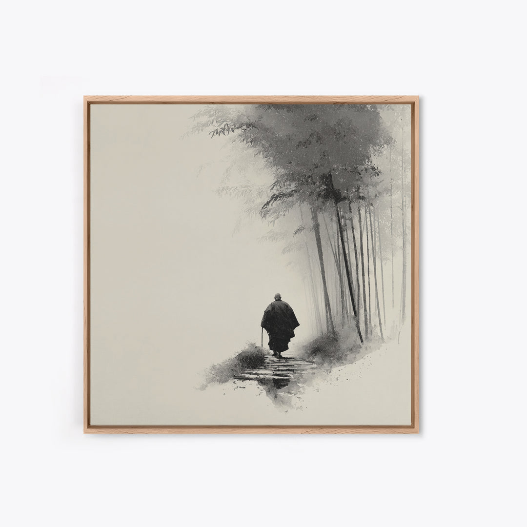 Minimalist Zen Monk Walking In Bamboo Fog Japanese Wall Art Black And White Print Japandi Decor Calming Wabi Sabi Artwork