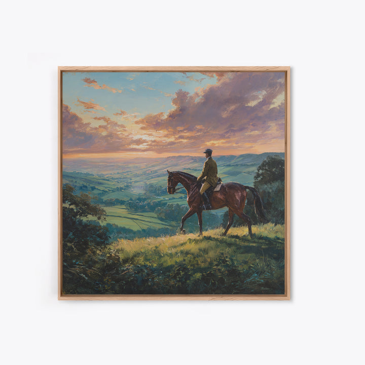 Equestrian Rider Over Rolling Countryside Wall Art, Sunset Landscape Painting, Horse Lover Decor, English Country Wall Art