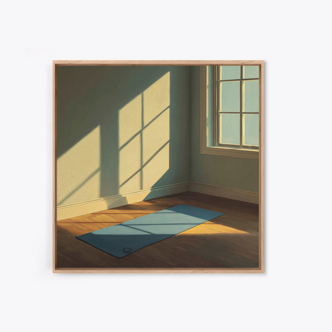 Minimal Sunlit Yoga Mat Wall Art, Serene Morning Light Framed Canvas Print, Mindful Home Decor, Zen Meditation Space