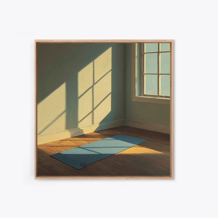 Minimal Sunlit Yoga Mat Wall Art, Serene Morning Light Framed Canvas Print, Mindful Home Decor, Zen Meditation Space