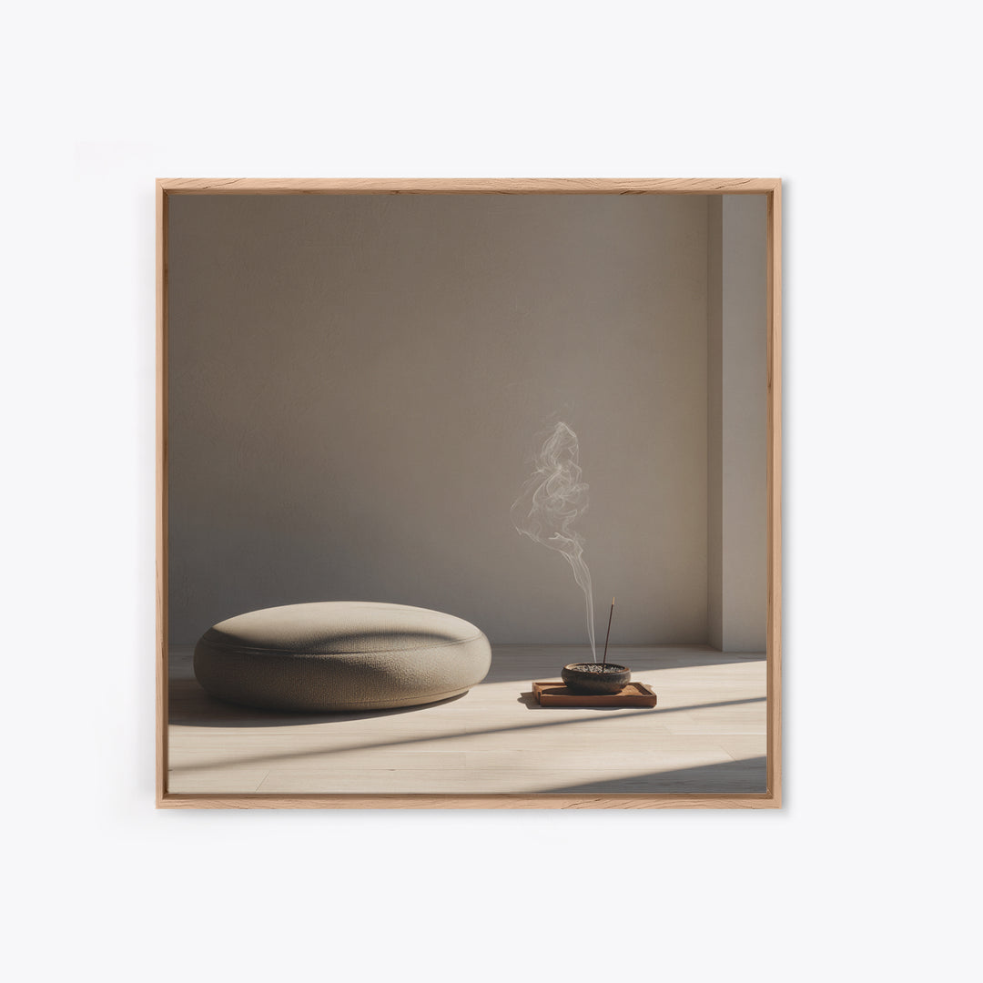 Minimalist Zen Meditation Corner Wall Art, Japandi Style Sunlit Room Photography Print, Calming Neutral Home Decor Bedroom Art