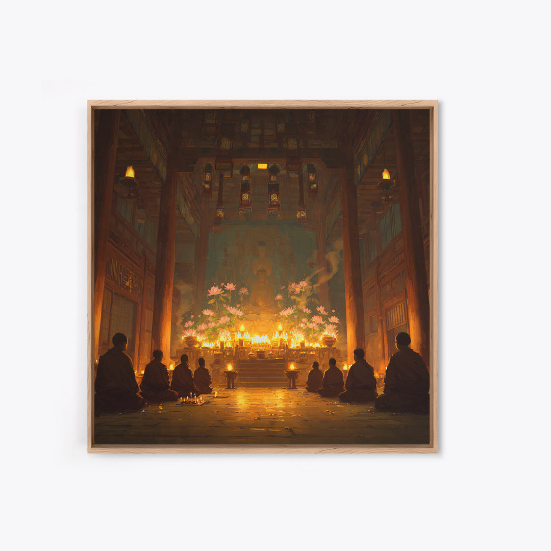 Golden Temple Meditation Wall Art, Monks And Candles Spiritual Print, Zen Decor, Calming Asian Inspired Artwork For Living Room Or Altar