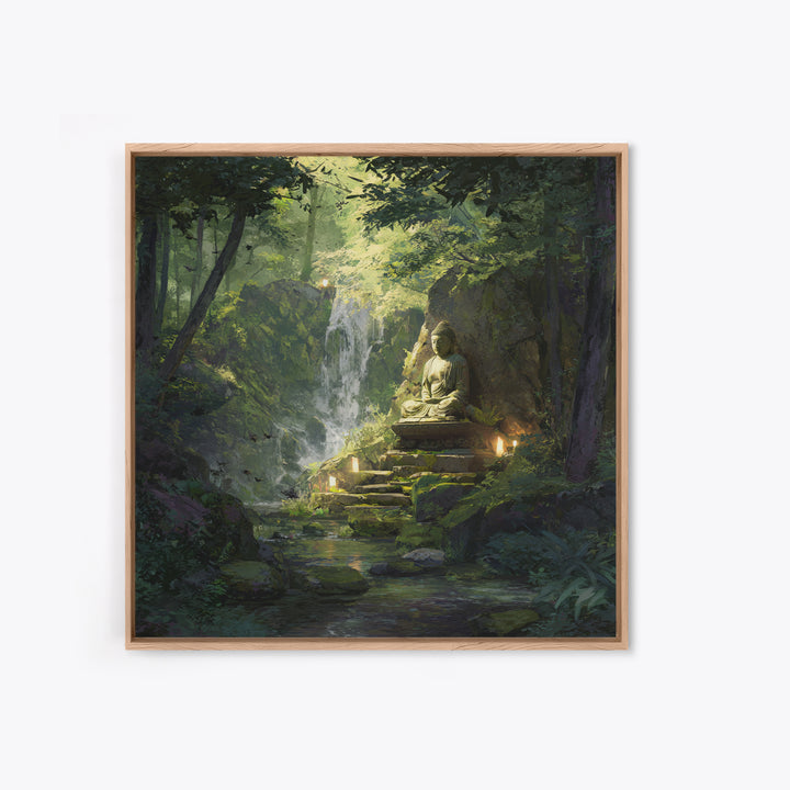 Zen Buddha By Forest Waterfall Wall Art, Tranquil Green Landscape Painting, Meditation Spiritual Decor, Calming Canvas Print