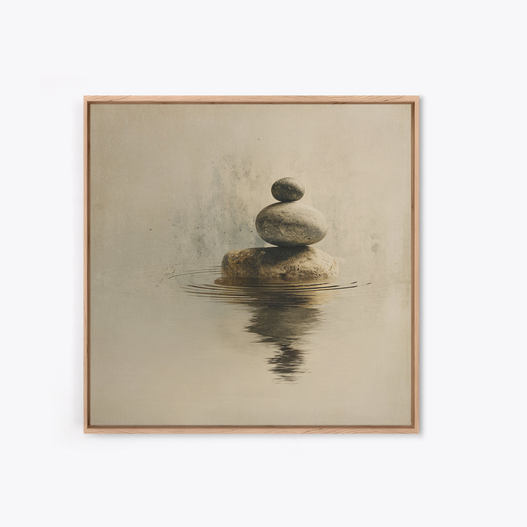 Minimal Zen Rock Stack In Still Water Wall Art, Neutral Japandi Canvas Print, Calming Wabi Sabi Decor For Modern Home