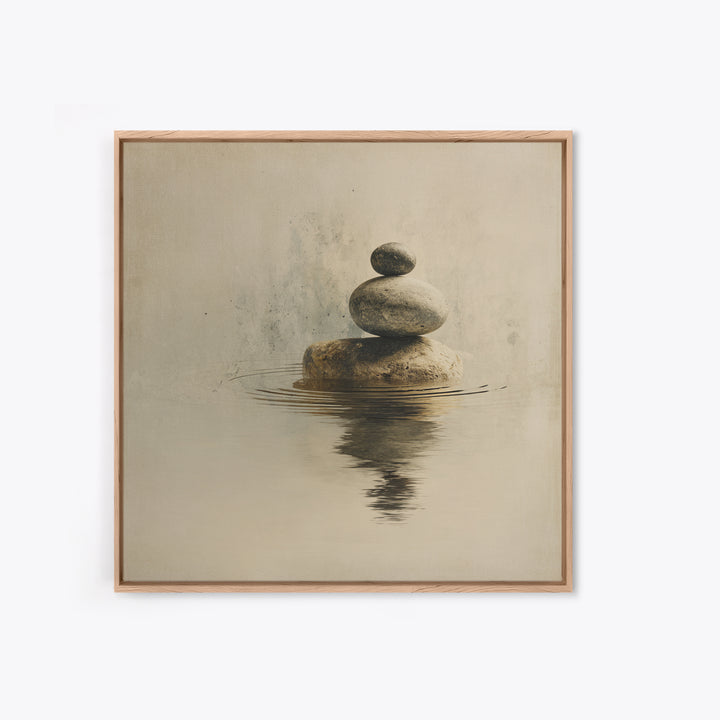 Minimal Zen Rock Stack In Still Water Wall Art, Neutral Japandi Canvas Print, Calming Wabi Sabi Decor For Modern Home