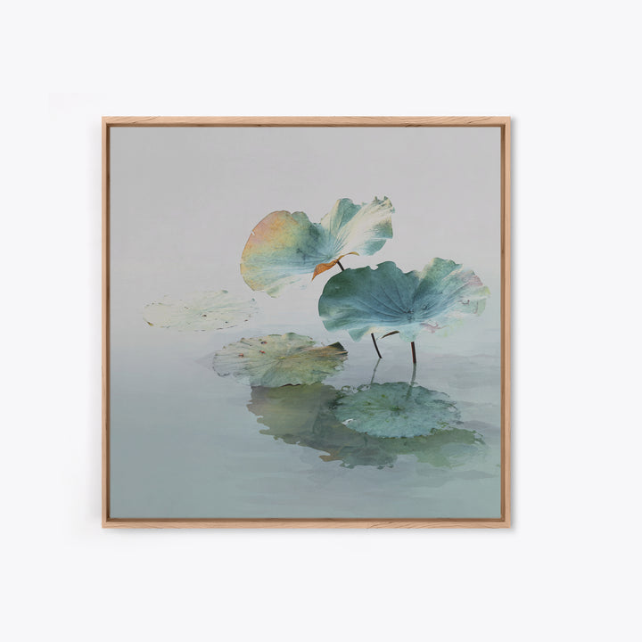 Minimalist Lotus Leaves Over Water Wall Art, Serene Zen Landscape Canvas Print, Japandi Neutral Home Decor