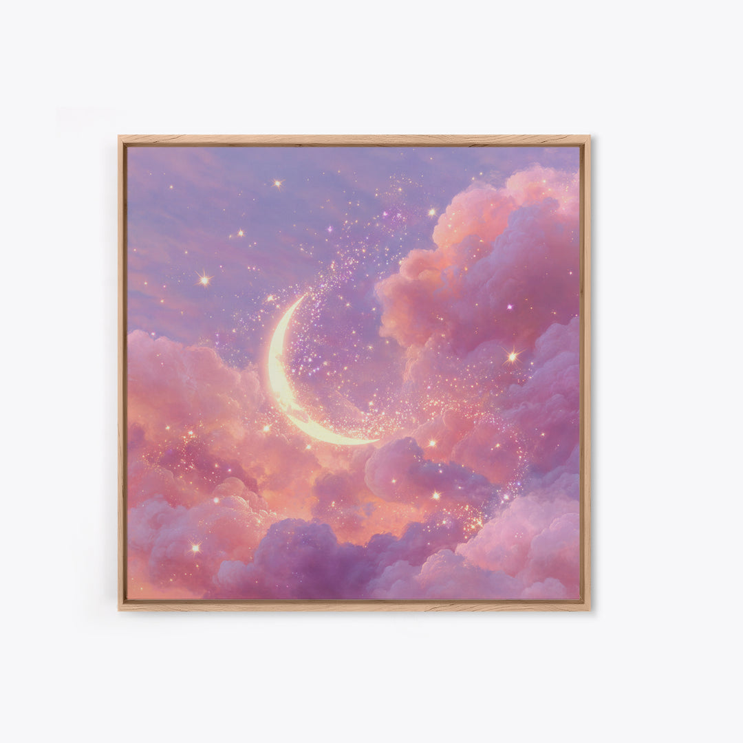 Glowing Crescent Moon In Pink Clouds Wall Art, Celestial Nursery Decor, Dreamy Space Art Print, Whimsical Bedroom Decor Gift