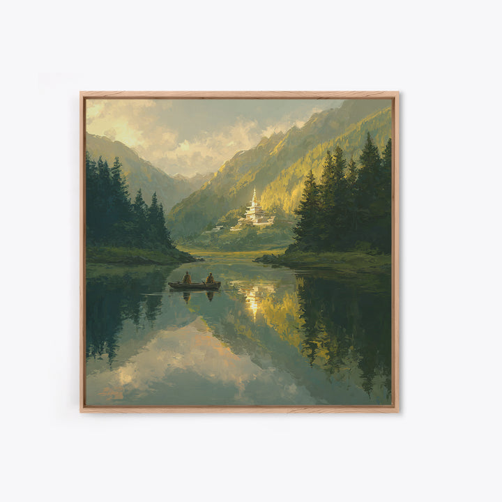 Misty Lake Temple Landscape Wall Art, Tranquil Boat Mountain Canvas Print, Serene Zen Nature Decor For Bedroom Or Living Room