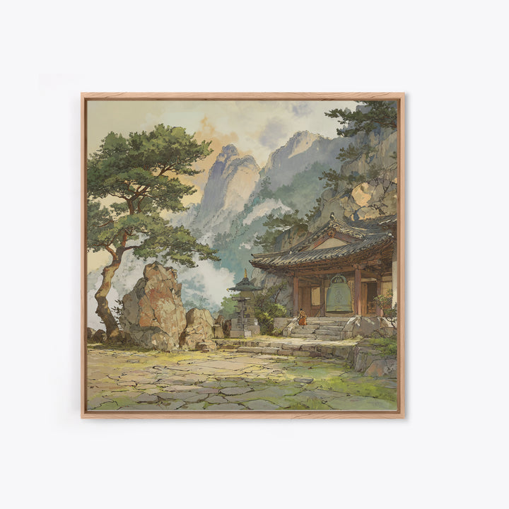 Japanese Landscape With Traditional Temple And Pine Trees Vintage Style Wall Art Framed Canvas Print