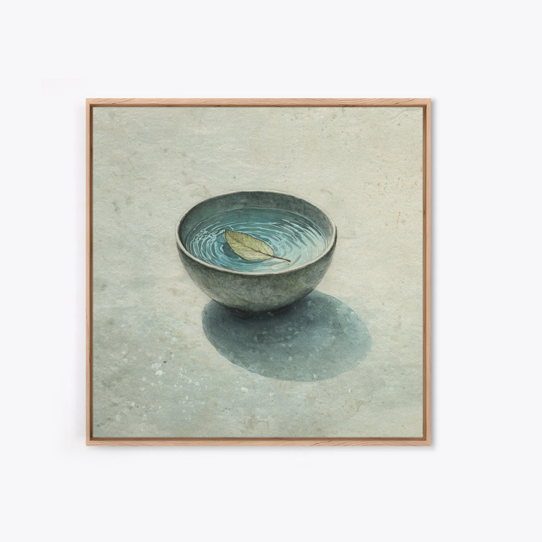 Minimal Tea Bowl With Floating Leaf Watercolor Wall Art, Wabi Sabi Zen Canvas Print, Serene Japanese Inspired Decor