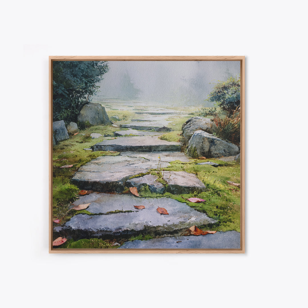 Misty Stone Garden Path Watercolor Wall Art, Serene Landscape Painting, Zen Home Decor, Wabi Sabi Neutral Canvas Print