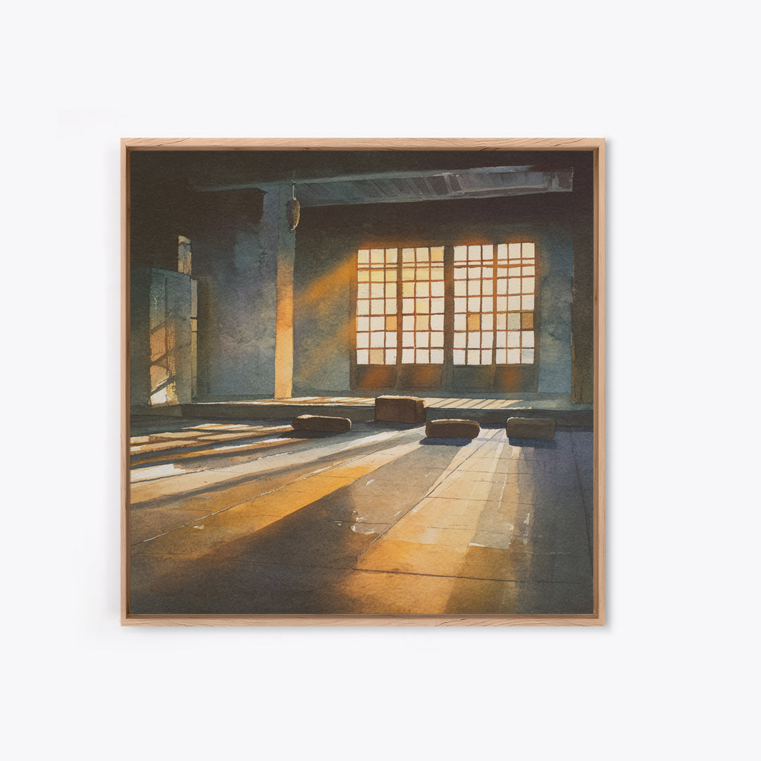 Sunlit Japanese Interior Wall Art, Warm Minimalist Room Print, Serene Zen Home Decor, Calming Light Wall Art
