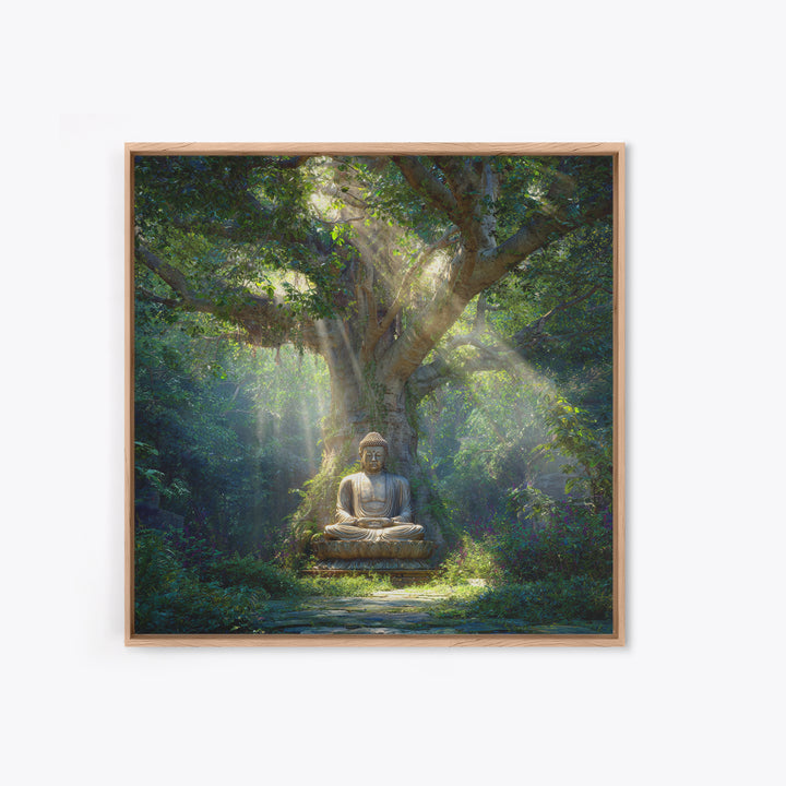 Serene Forest Buddha Statue Under Sacred Tree Wall Art Spiritual Nature Canvas Print Zen Meditation Room Decor Calming Artwork