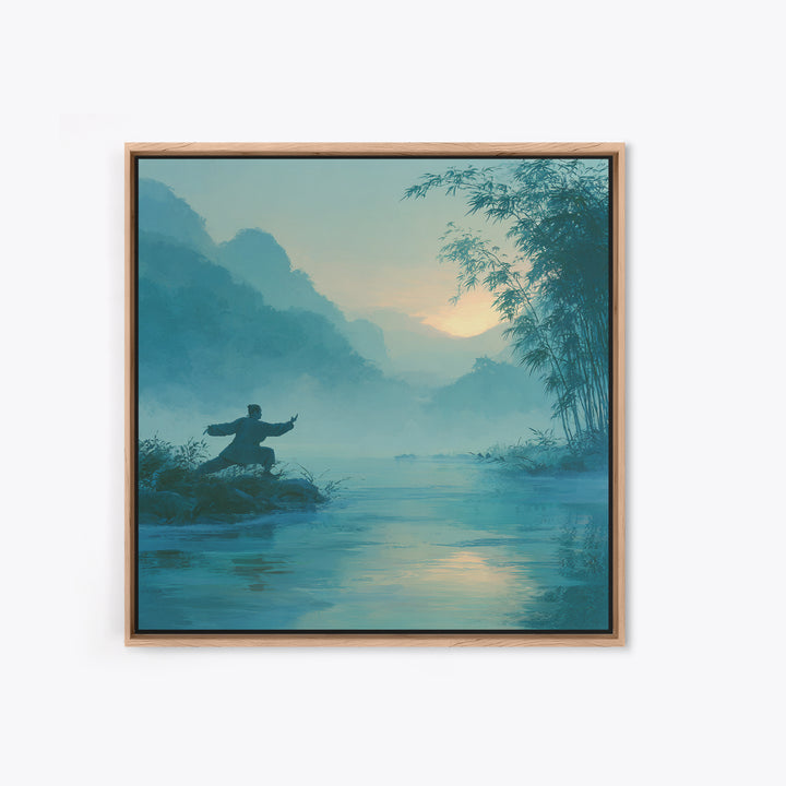 Martial Artist By Misty River At Sunrise Wall Art, Serene Zen Landscape Canvas Print, Calming Nature Home Decor Painting