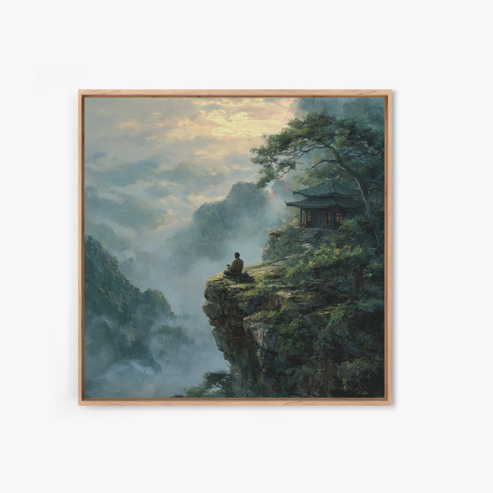 Zen Monk On Mountain Cliff Landscape Wall Art, Meditative Nature Canvas Print, Japanese Style Calming Home Decor