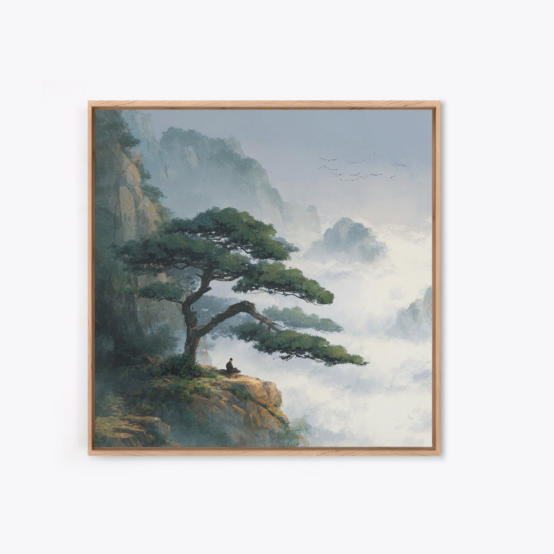 Zen Mountain Meditation Landscape Wall Art, Serene Nature Painting, Calming Japandi Style Canvas Print For Home Decor