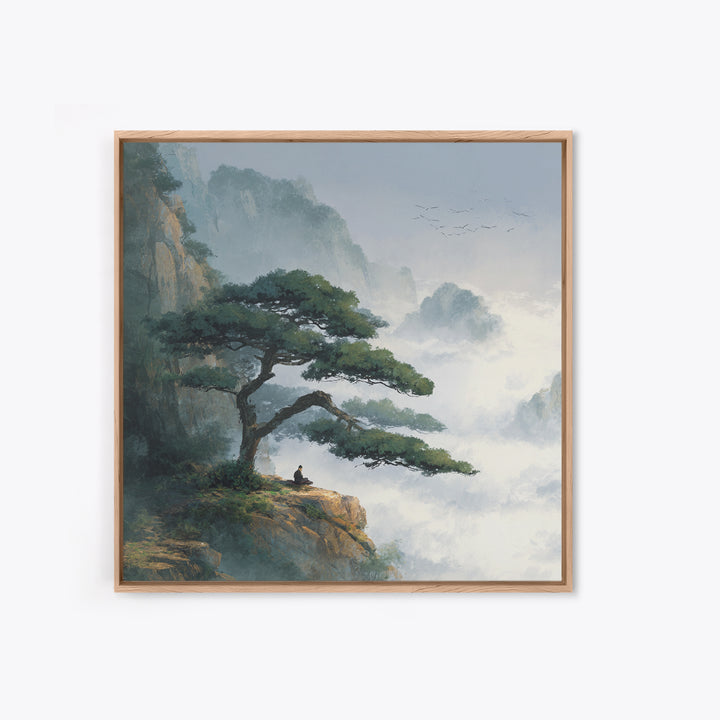 Zen Mountain Meditation Landscape Wall Art, Serene Nature Painting, Calming Japandi Style Canvas Print For Home Decor