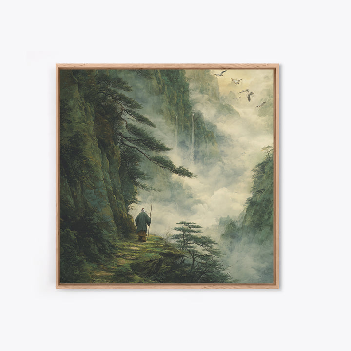 Misty Mountain Path Wanderer Wall Art, Tranquil Fantasy Landscape Painting Print, Zen Nature Home Decor Canvas Print