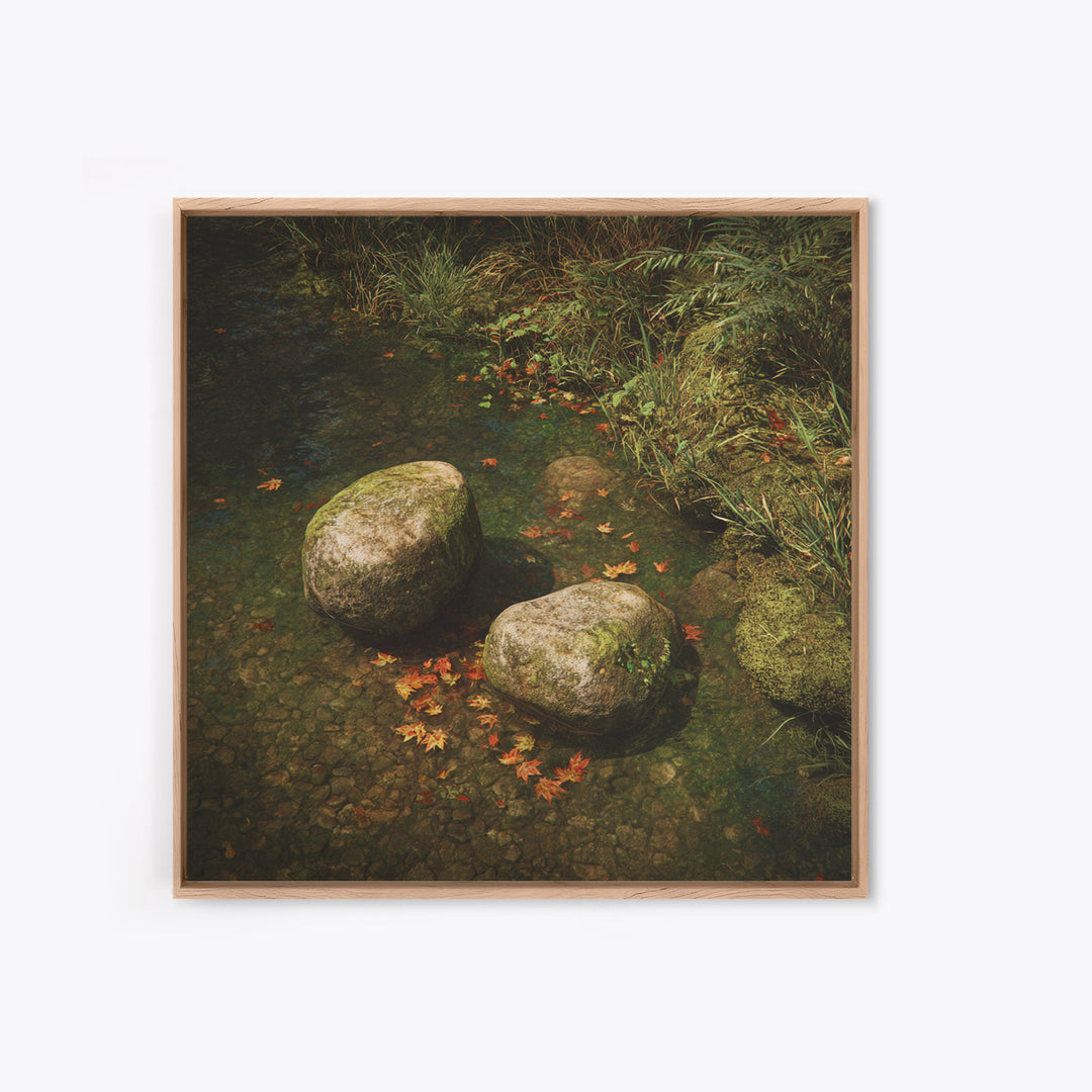 Zen River Stones With Autumn Leaves Wall Art, Tranquil Nature Landscape Canvas Print, Minimalist Forest Creek Decor For Spa Or Bedroom