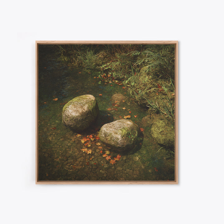 Zen River Stones With Autumn Leaves Wall Art, Tranquil Nature Landscape Canvas Print, Minimalist Forest Creek Decor For Spa Or Bedroom