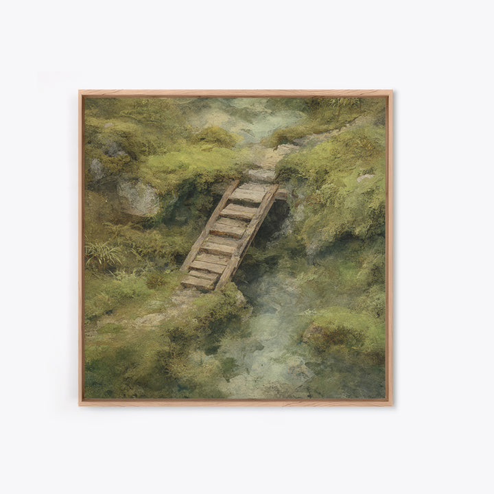 Rustic Wooden Footbridge Over Stream Wall Art, Tranquil Forest Landscape Canvas Print, Nature Home Decor For Bedroom Or Cozy Living Room