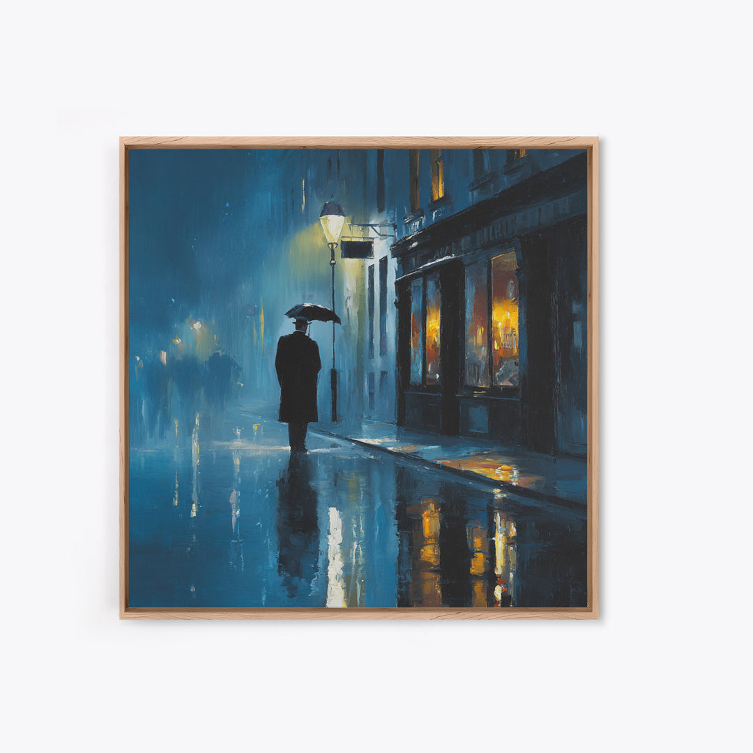Rainy Blue City Street With Umbrella Canvas Print, Moody Urban Wall Art, Paris Cafe Decor, Romantic Bedroom Living Room Decor