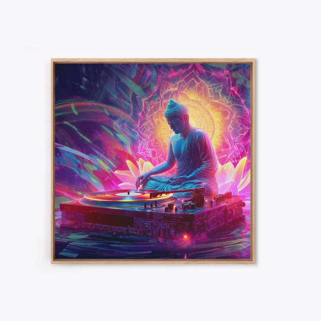 Meditative Buddha DJ Neon Wall Art Canvas Print, Psychedelic Spiritual Music Poster For Gaming Room And Modern Decor