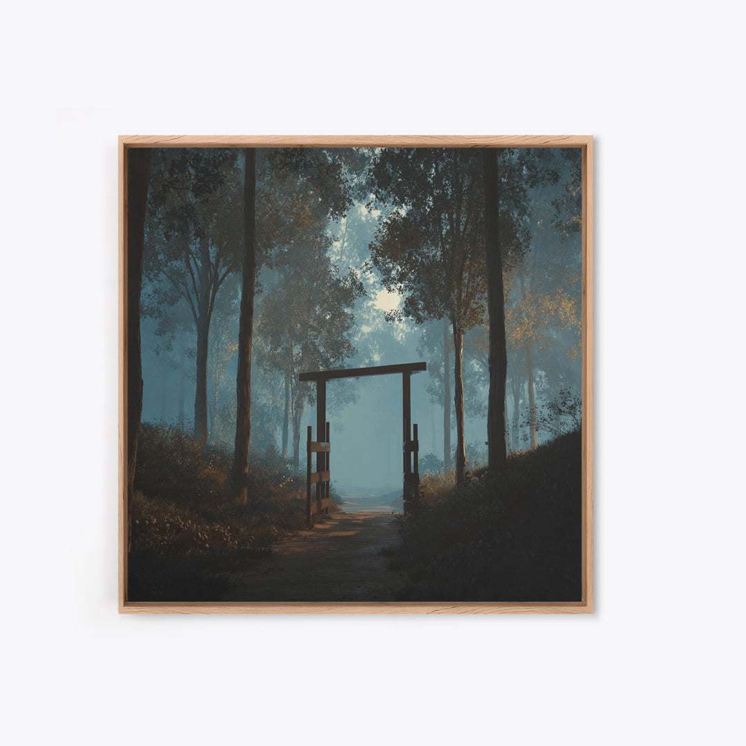Moody Forest Gate Landscape Wall Art, Misty Woodland Path Canvas Print, Calming Nature Painting For Rustic Home Or Bedroom Decor