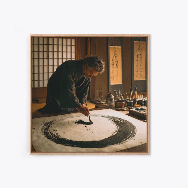 Japanese Calligrapher Painting Zen Enso Circle Wall Art, Serene Asian Ink Canvas Print For Mindful Home Decor