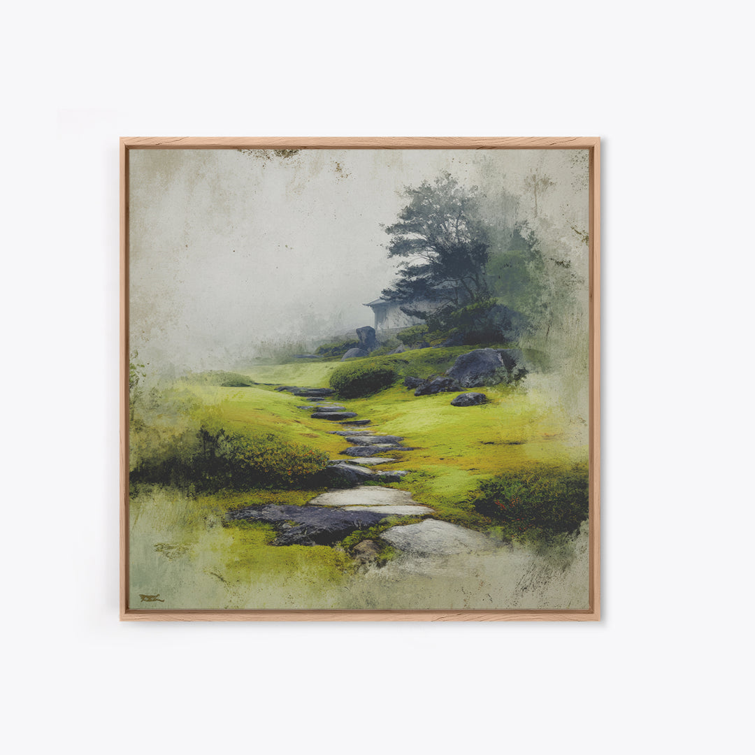 Misty Stone Path Garden Landscape Wall Art, Serene Zen Canvas Print, Wabi Sabi Nature Home Decor, Calming Wall Art