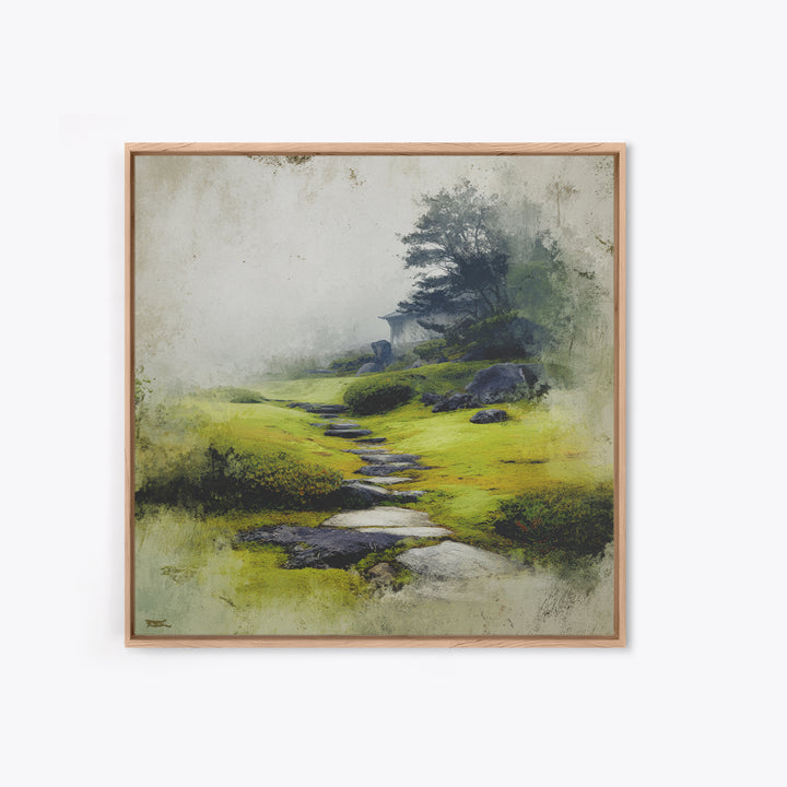 Misty Stone Path Garden Landscape Wall Art, Serene Zen Canvas Print, Wabi Sabi Nature Home Decor, Calming Wall Art