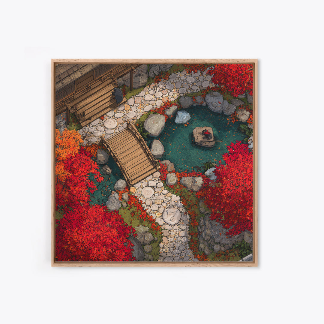 Autumn Japanese Garden Bridge Aerial Landscape Wall Art, Red Maple Trees Zen Pathway Canvas Print