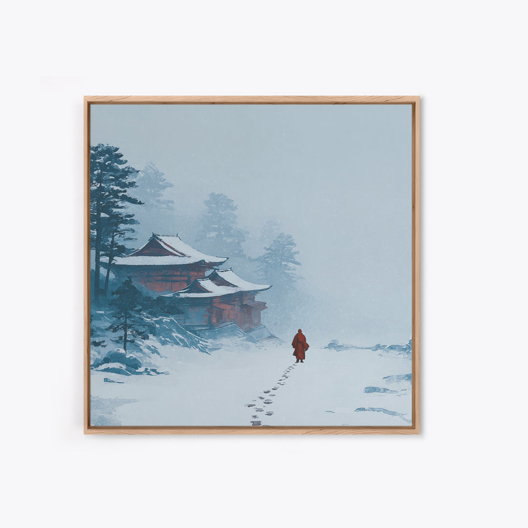 Solitary Monk Walking To Temple In Snow Wall Art, Minimalist Japanese Landscape Print, Tranquil Zen Home Decor