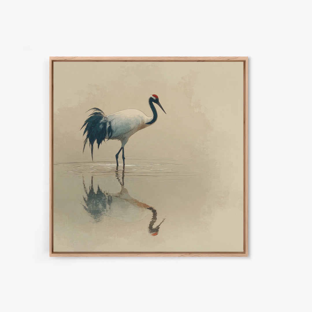 Elegant Red Crowned Crane Wall Art Print, Minimalist Japanese Bird Painting, Neutral Nature Canvas Print For Japandi Style Living Room Decor