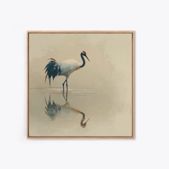 Elegant Red Crowned Crane Wall Art Print, Minimalist Japanese Bird Painting, Neutral Nature Canvas Print For Japandi Style Living Room Decor