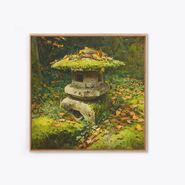 Japanese Garden Lantern Wall Art, Mossy Stone Sculpture Print, Tranquil Nature Decor, Wabi Sabi Garden Wall Art