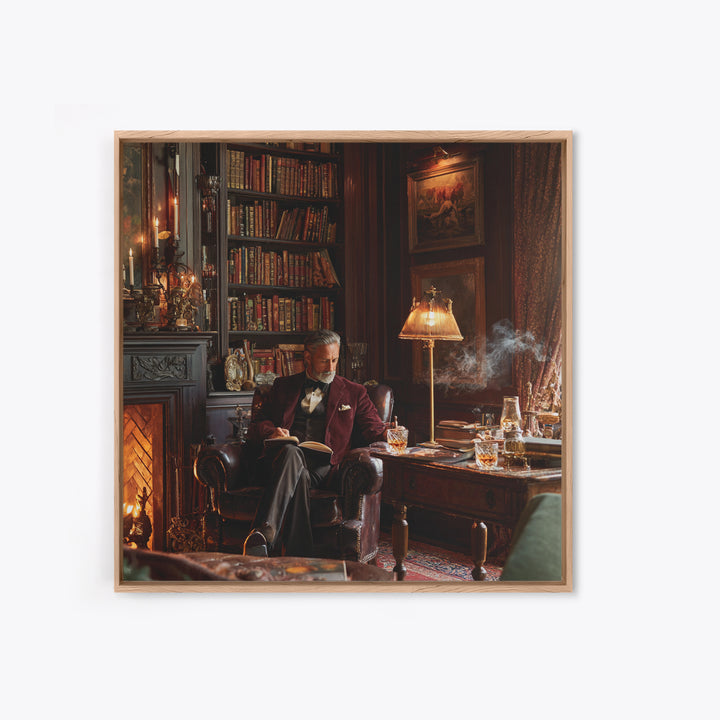 Elegant Gentleman Reading By Fireplace Framed Canvas Print, Dark Academia Library Wall Art, Old World Office Decor Gift For Him