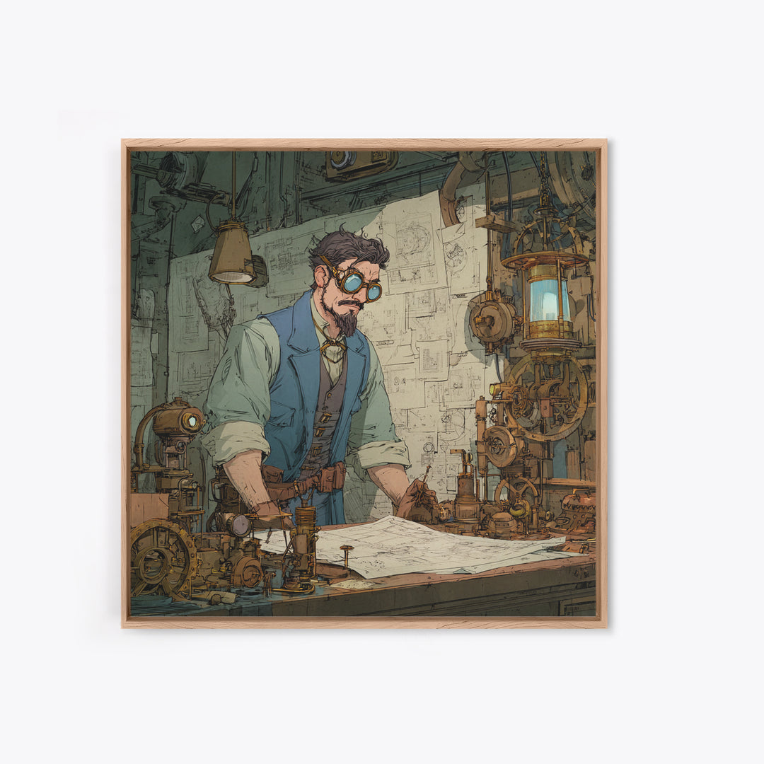 Steampunk Inventor Drafting Blueprints Canvas Print, Industrial Office Wall Art, Mechanical Workshop Decor, Gift For Him