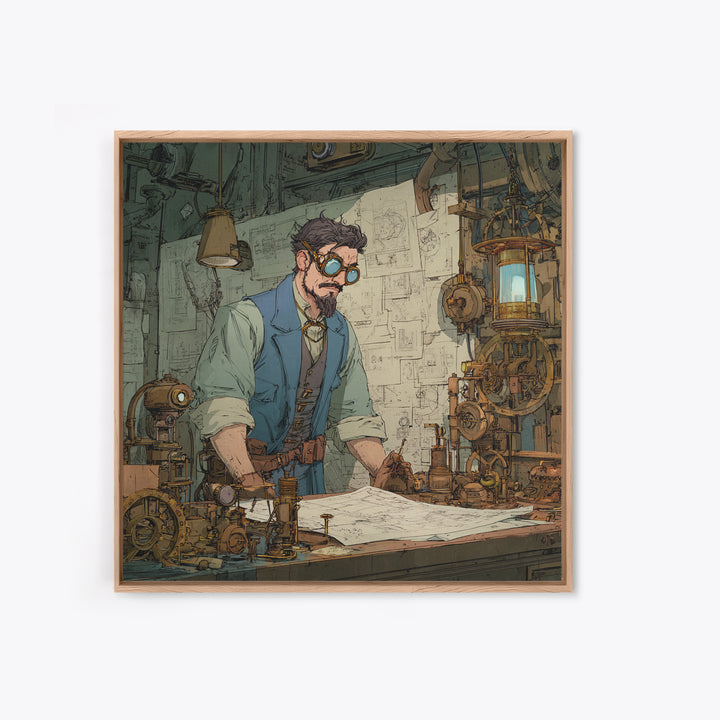 Steampunk Inventor Drafting Blueprints Canvas Print, Industrial Office Wall Art, Mechanical Workshop Decor, Gift For Him