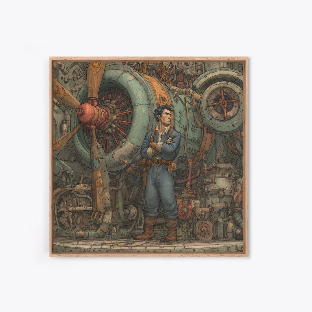 Steampunk Airship Mechanic By Giant Engine Framed Canvas Print, Industrial Sci Fi Wall Art, Mechanical Man Cave Decor Gift