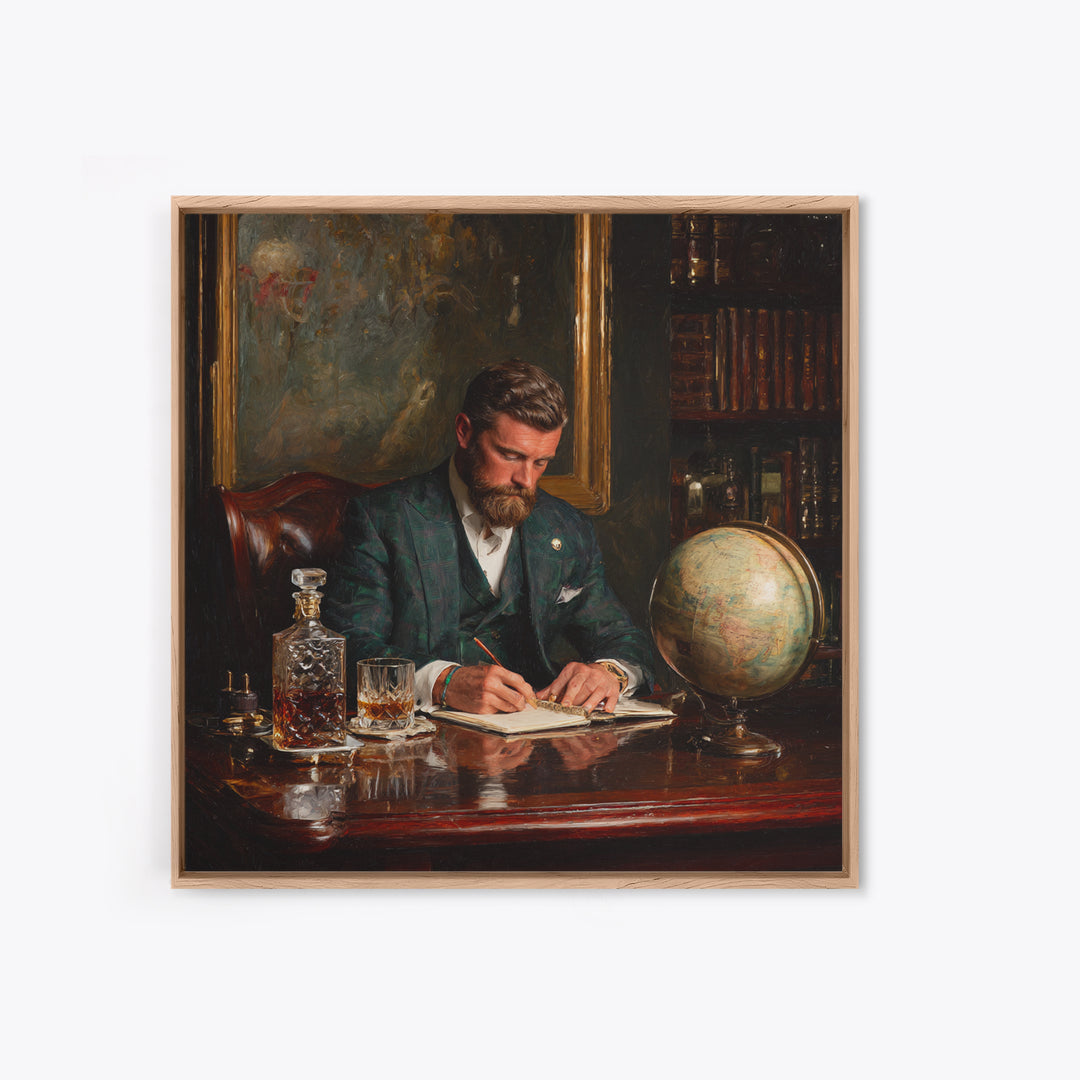 Bearded Gentleman Journaling In Moody Library Framed Canvas Print, Dark Academia Wall Art, Office Decor, Gift For Him, Masculine Decor
