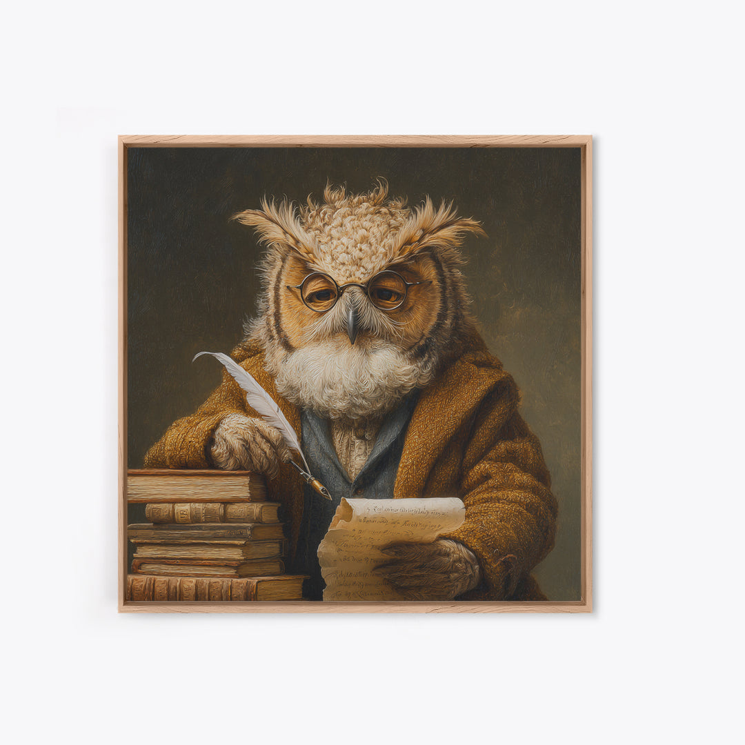 Whimsical Owl Scholar With Quill And Books Wall Art, Animal Portrait Canvas, Dark Academia Decor, Library Gift, Book Lover Gift