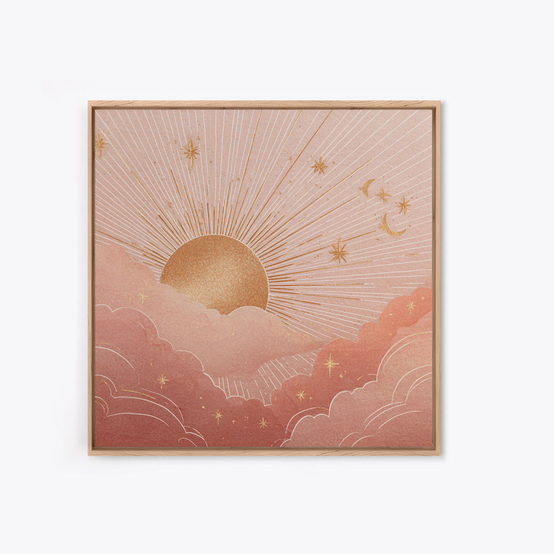 Boho Golden Sun Over Pink Clouds Wall Art, Celestial Sun And Moon Print, Warm Neutral Nursery Decor, Above Bed Decor Gift