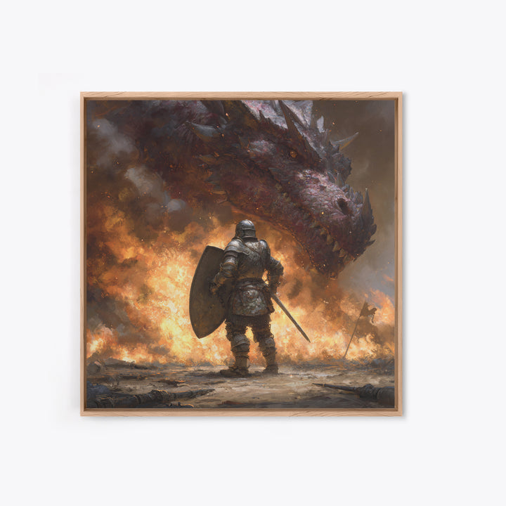 Armored Knight Facing Dragon Framed Canvas Print, Dark Fantasy Wall Art, Medieval Fire Battle Decor, Gamer Gift For Him, Dragon Art